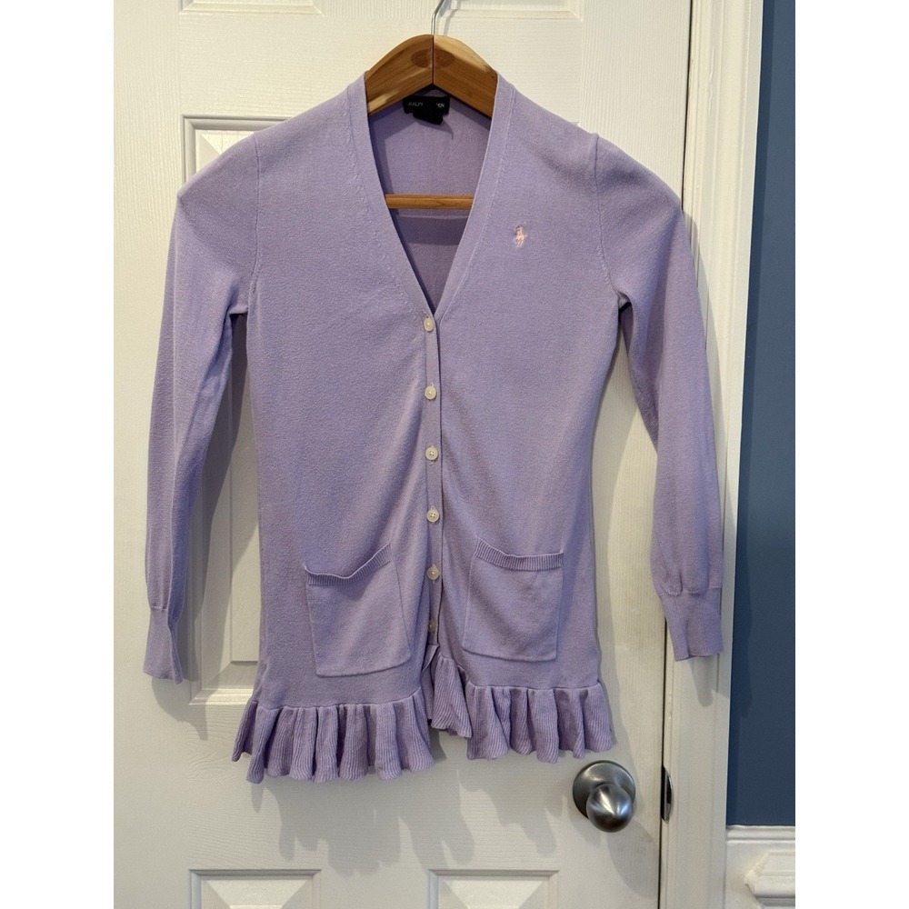 Ralph Lauren Light Purple Cardigan Girls XL 16 Ruffle HemGirly Preppy Spring